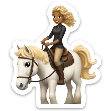 A tan girl with curly blonde hair riding a horse sticker