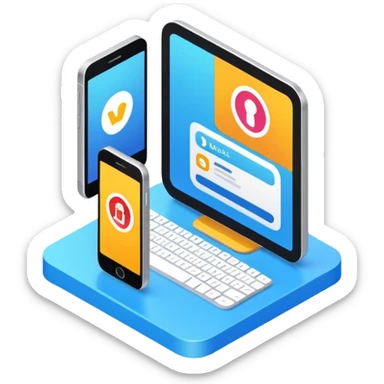 isometric, image of modern user experience with mobile, desktop portal, kiosk etc sticker