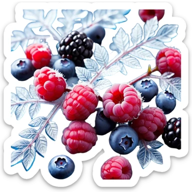 “A visually stunning composition of frozen forest berries, including blueberries, raspberries, and blackberries, covered in frosty ice crystals. The berries are fresh and vibrant, with deep reds, purples, and blues. The ice has a translucent, glossy texture, reflecting soft light. The background is a dark, blurred, cool-toned surface to emphasize the contrast and freshness. The composition is artistic, with some berries partially submerged in crushed ice. The overall mood is refreshing, cold, and appetizing. sticker