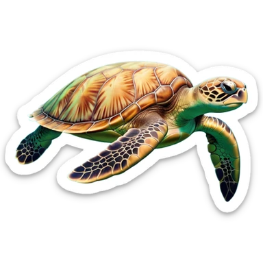 cinematic-sea-turtle-realistic-full-body-swimming-emoji,-graceful-streamlined-body-gliding-through-crystal-clear-waters,-large-flippers-moving-in-fluid-motion,-smooth-green-and-brown-patterned-shell-glowing-in-the-sunlight,-gentle-dark-eyes-filled-with-deep-wisdom,-bubbles-trailing-in-its-wake,-simplified-yet-realistic-focused-features,-highly-detailed,-glowing-with-an-oceanic-serene-light sticker