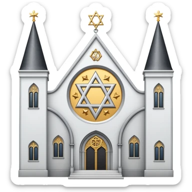 reform jewish synagogue similar in architecture to historical religious architecture in europe. the building should be white with silver/golden features, gothic architectural elements and star of david. no crosses. the emoji should be in ios emoji style. sticker