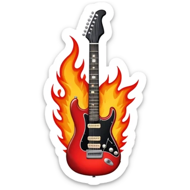 Create a bold and powerful emoji representing rock vocal performance in a humanless collage. The design should feature a vintage microphone at the center, surrounded by a heavy, aggressive hardcore electric guitar with sharp, jagged edges. Include crossed drumsticks behind the guitar, symbolizing the intense rhythm of rock music. Add fiery elements like flames or lightning bolts to enhance the raw energy of the design. Use dark, bold colors like black, red, and silver, with metallic or chrome accents to reflect the rebellious, hard-hitting nature of rock. The background should be transparent. sticker