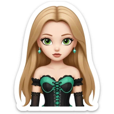 pretty bratz girl, long straight LIGHT BROWN HAIR, jade green eyes, black eyeliner, pale skin, black corset clothes with laces sticker