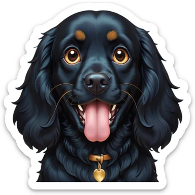 Cinematic Comical Black Cocker Spaniel Portrait Emoji, Head tilted dramatically with an exaggeratedly amused expression, featuring a shiny black coat with noticeable tan accents, wide, expressive dark eyes filled with playful disbelief, Simplified yet hilariously expressive features, highly detailed, glowing with a slightly sassy glow, high shine, dramatic yet playful, stylized with an air of cheeky mischief, bright and endearing, soft glowing outline, capturing the essence of a spirited and over-the-top companion, so meme-worthy it feels like it could side-eye its way into internet fame instantly! sticker