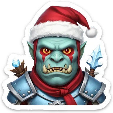 
Fantasy Christmas orc legion soldier icon, iron tundra army theme, heavy winter armor, disciplined brutal look, icy blue steel armor with deep crimson accents, frozen metal texture, cold winter atmosphere, male variant sticker