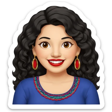 40 yr old Mexican woman, slightly chubby, wavy/curly long black hair, red lipstick, big smile, white teeth, brown eyes, hoop earings, side part to hair, round face, nice blouse, no wrinkle hair side swept, big hoop earing sticker
