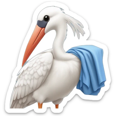 White stork carrying a blue bundle of cloth in its beak that has a human baby with dark hair and the baby head is peeking from the fabric bundle the strok is carrying with its beak sticker