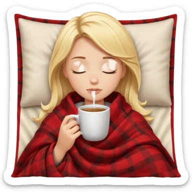 Blonde girl inside a blanket sipping coffee eyes closed sticker