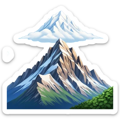 Cinematic Realistic Mountain Emoji, Majestic and towering, with craggy, snow-capped peaks rising sharply against a deep blue sky. The rugged terrain is dotted with rocky outcrops and patches of greenery, with clouds swirling around the higher reaches. Soft glowing outline, capturing the essence of ancient strength and natural beauty in a towering mountain! sticker