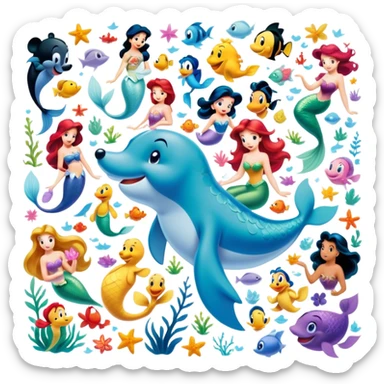 Icon for Animated Characters: A colorful, large-scale collage of beloved cartoon characters, including Franco, Mickey Mouse, Winnie-the-Pooh, Ariel the Little Mermaid, Jasmine and others. Bright and vibrant, full of whimsical charm. Transparent background. sticker