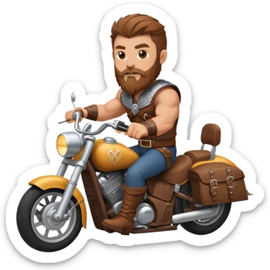 white guy with brown hair and a brown beard riding a motorcycle. he’s buff and looks kind of like a viking sticker