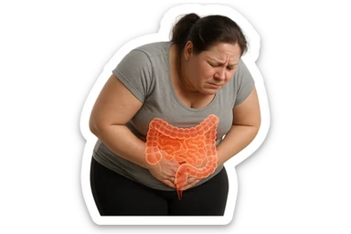 DONNA LEGGERMENTE SOVRAPPESO PIEGATA IN AVANTI FRONTALMENTE CON INTESTINO ANATOMICO IN EVIDENZA, MAL DI PANCIA iperrealistico 4k sticker