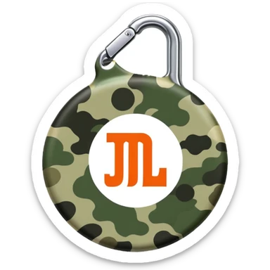 Ultra minimal JBL Clip 4, extremely simplified circular shape with tiny carabiner, just a few green camo spots, small JBL logo, iOS emoji style sticker