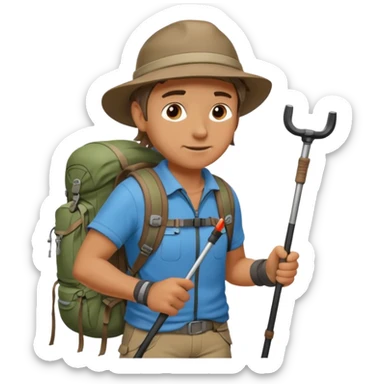 A rugged hiker adjusting hiking poles while preparing for a trek.


 sticker