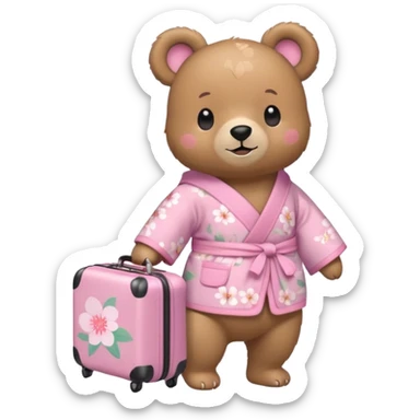 A cute light-brown bear wearing a pastel pink sakura-patterned kimono, normal balanced body ratio.  
Pulling a small suitcase with cheerful excited eyes, backpack on the back, ready for a trip.  
Kawaii emoji style, minimalistic clean sticker illustration, white background. sticker