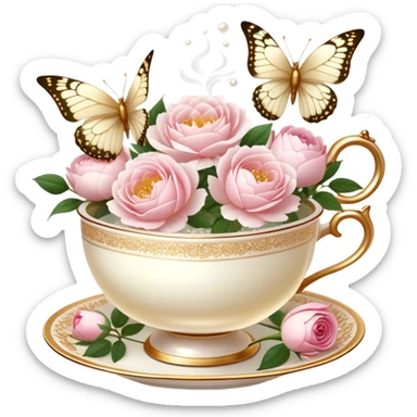 A charming, softly lit evening tea scene, where an ornate golden tea strainer rests atop a delicate ivory teacup filled with rose-infused tea, fresh blush roses and white peonies scattered around, while a pearl butterfly hovers above the steam.
 sticker