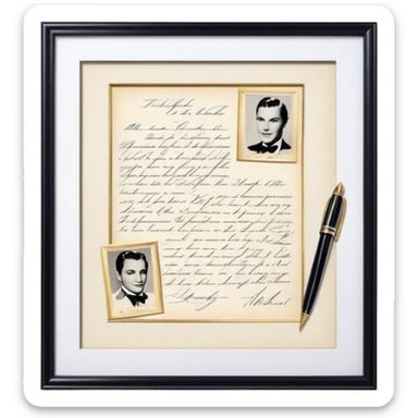 Icon for Autograph Collecting: several vintage sheets in frames with famous celebrity signatures on them, with a classic fountain pen nearby. The icon should evoke the elegance and rarity of collecting autographs. Transparent background. sticker