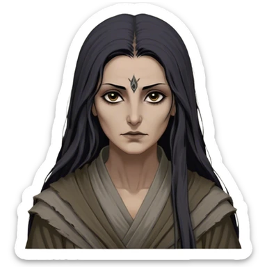 Mirri Maz Duur is a weathered, middle-aged Lhazareen woman with deep-set dark eyes, high cheekbones, and a sharp nose, giving her a stern, knowing expression. Her long, unkempt dark hair streaked with gray falls loosely over her shoulders, and her earth-toned, tattered robes mark her as a humble healer. Despite her frail appearance, she exudes an aura of mystery and menace, her hands stained with herbs and blood from both healing and dark sorcery. sticker
