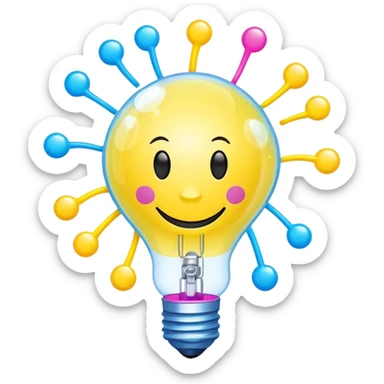 lightbulb with happy face, spinning atom inside, floating chemical bubbles, small lightning bolt on top, vibrant colors yellow, neon blue, bright pink, conveying fun science and creative energy sticker