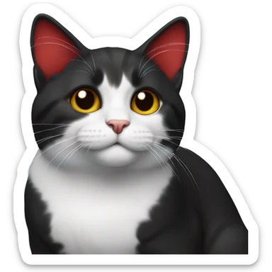 cat black with white chest and paws, using red colla sticker