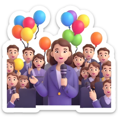 woman using a microphone to promote a product to customers outdoors, with a small crowd and balloons sticker