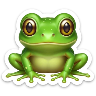 Cinematic Cute Green Tree Frog Portrait Emoji, Head tilted playfully and inquisitively, featuring a charmingly compact form with vivid green, slightly textured skin, prominent sticky toe pads, and round, sparkling eyes full of playful wonder, Simplified yet irresistibly adorable features, highly detailed, glowing with a warm, inviting jungle glow, high shine, affectionate and lively, stylized with a touch of tropical whimsy, soft glowing outline, capturing the essence of a mischievous yet loving frog that seems as if it could hop out of the screen into your arms! sticker
