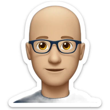 bald man with round glasses with navy sweater with blue eyes sticker
