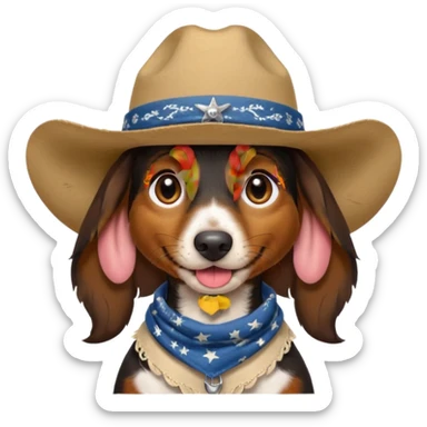 mostly black with some brown long hair daschund with a cowboy hat, ears curl out a bit and bandana and tongue slightly out sticker