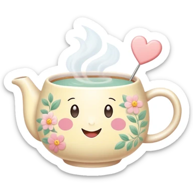 Cute Kawaii Tea Cup, steaming with warmth, a charming smiling face, soft pastel tones, delicate floral patterns, a tiny heart-shaped tea bag tag, cozy and inviting! sticker