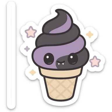 kawaii style gothic ice cream cone, cute face, black and purple swirls, tiny fangs, pastel stars, fun and gothic sticker