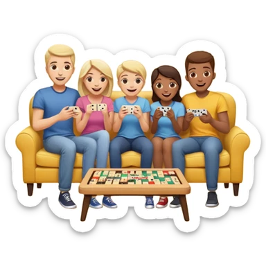 group of friends on couch playing a game couch should be dark yellow sticker