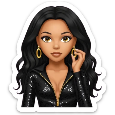 Kiely Williams from 3lw/Cheetah Girls with long jet black hair, black sequin outfit sticker