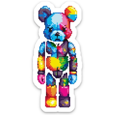 Pixel art KAWS Bearbrick figure with X eyes, blocky bear shape, vibrant colors sticker