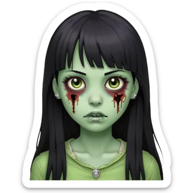 Zumbi girl pretty and Long, straight black hair with bangs, With a nose piercing sticker