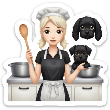pale girl with long back hair wearing black long shirt wearing apron and baking holding black floppy ear schnauzer sticker