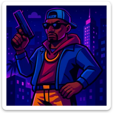 Change background to a vibrant night city, keep GTA character with gun in foreground. Maintain the original style and details of the character while updating the background to a vibrant night cityscape. sticker