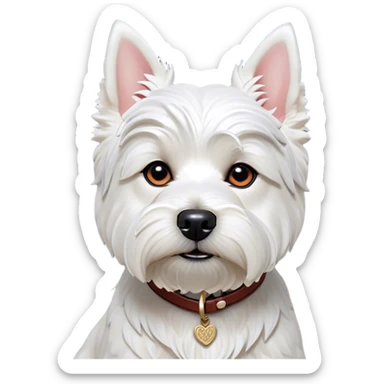 Cinematic Noble West Highland White Terrier Portrait Emoji, Poised and regal, with a compact, sturdy build and a pristine, well-groomed pure white coat, deep-set soulful dark eyes, Simplified yet sharp and sophisticated features, highly detailed, glowing with a soft, dignified glow, high shine, intelligent and loyal, stylized with an air of confidence, focused and attentive, soft glowing outline, capturing the essence of a watchful and determined companion, so majestic it feels as though it could trot out of the screen with effortless authority! sticker