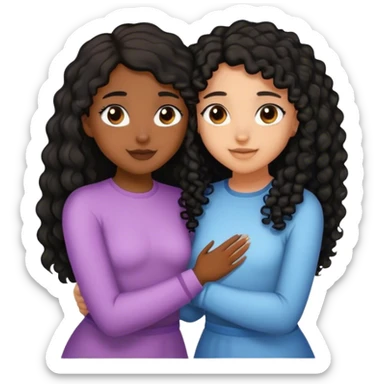 two girls embracing. one girl with brown skin and black curly hair and one with light brown skin and black straight long hair  sticker