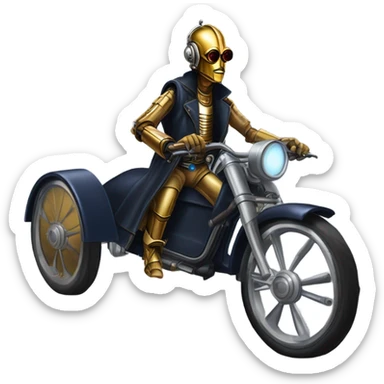 Bounty hunter C-3PO Jedi wearing a pair of navy-blue rimmed steampunk goggles, hat, leather chaps, fringe jacket riding a relaxed sci-fi 3 wheeler trike steampunk rat rod motorcycle with large fenders and saddlebags in desert town  sticker