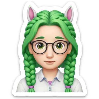 braided unicorn wiith big visible braids looking into the camera spectacled green hair and no ears sticker