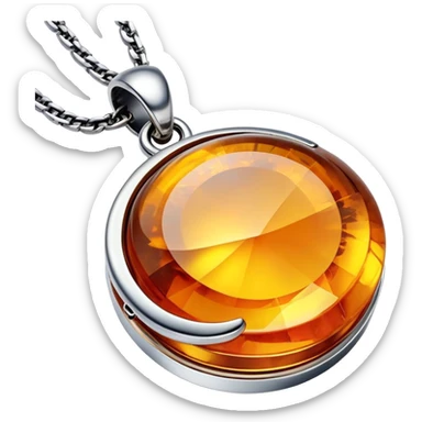 extreme close up of a round cut holographic amber charm with silver metal accent and box chain sticker
