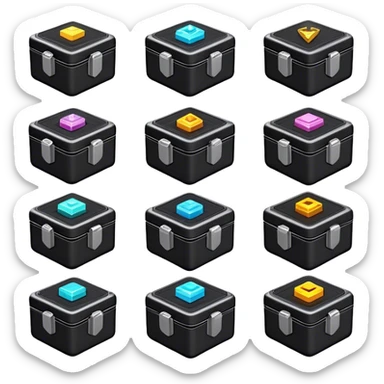 Clash of Clans aesthetic: Cinematic Playful Sci-fi Loot Crate Emoji, rendered in a 3D vector-style similar to standard emojis with minimal shading and bold, simplified shapes. A compact, futuristic storage box with sleek metallic panels and digital accents, softly glowing with a cosmic treasure charm. Simplified yet unmistakably iconic, highly detailed and consistent, glowing with a soft radiant shine and high gloss. Stylized with a touch of intergalactic mystery and a soft glowing outline, capturing the essence of a futuristic reward chest with a friendly, playful allure! sticker