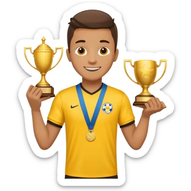 happy soccer player with a first-place medal and a trophy in yellow t-shirts sticker
