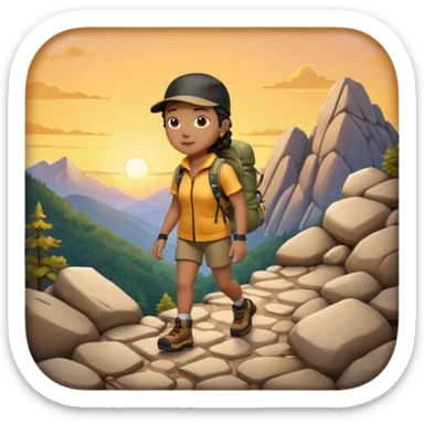 A 3D cartoon hiker silhouette standing on a rocky path at sunset, warm golden light, Memoji-style rendering. inside photo frame sticker