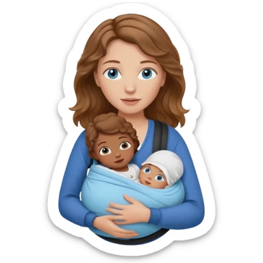 Caucasians light brown wavy haired woman with brown skinned bay in carrier. Mom has blue eyes sticker