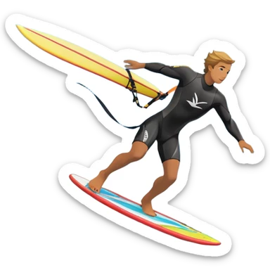 An athlete in a wetsuit riding a winged kiteboard, soaring above the waves with a powerful breeze beneath a clear blue sky. The scene captures the dynamic motion of the sport, with the ocean waves and kite gliding through the air, symbolizing freedom and adventure. sticker