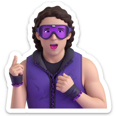 close-up of bad guy male athlete with white skin and moderately curly dark brown hair on top with shaved sides, wearing ski goggles with purple frames and very dark black lenses, a simple plain black chain necklace, and a completely unzipped sleeveless vest with purple and black sequin fire pattern design with no logo, pulling his tongue out very far in an exaggerated mocking gesture, looking menacing and villainous sticker