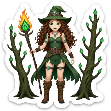 full body view of a woman with long curly brown hair, brown eyes, white skin, tattoos, wearing a forest witch outfit with high boots and rune belt, casting green flame from her hand sticker