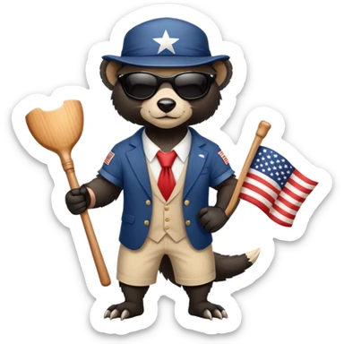 friendly anthropomorphised honey badger in USA Independence Day outfit, wearing sunglasses, holding a club, ready stance sticker