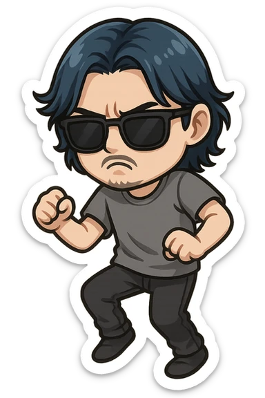 a dark brooding hipster with electric dark blue hair, surfer middle part, chin length hair, black classic rayban shades, plain gray t-shirt, doing the gimmie dance, maniac dance, 1980's dance sticker